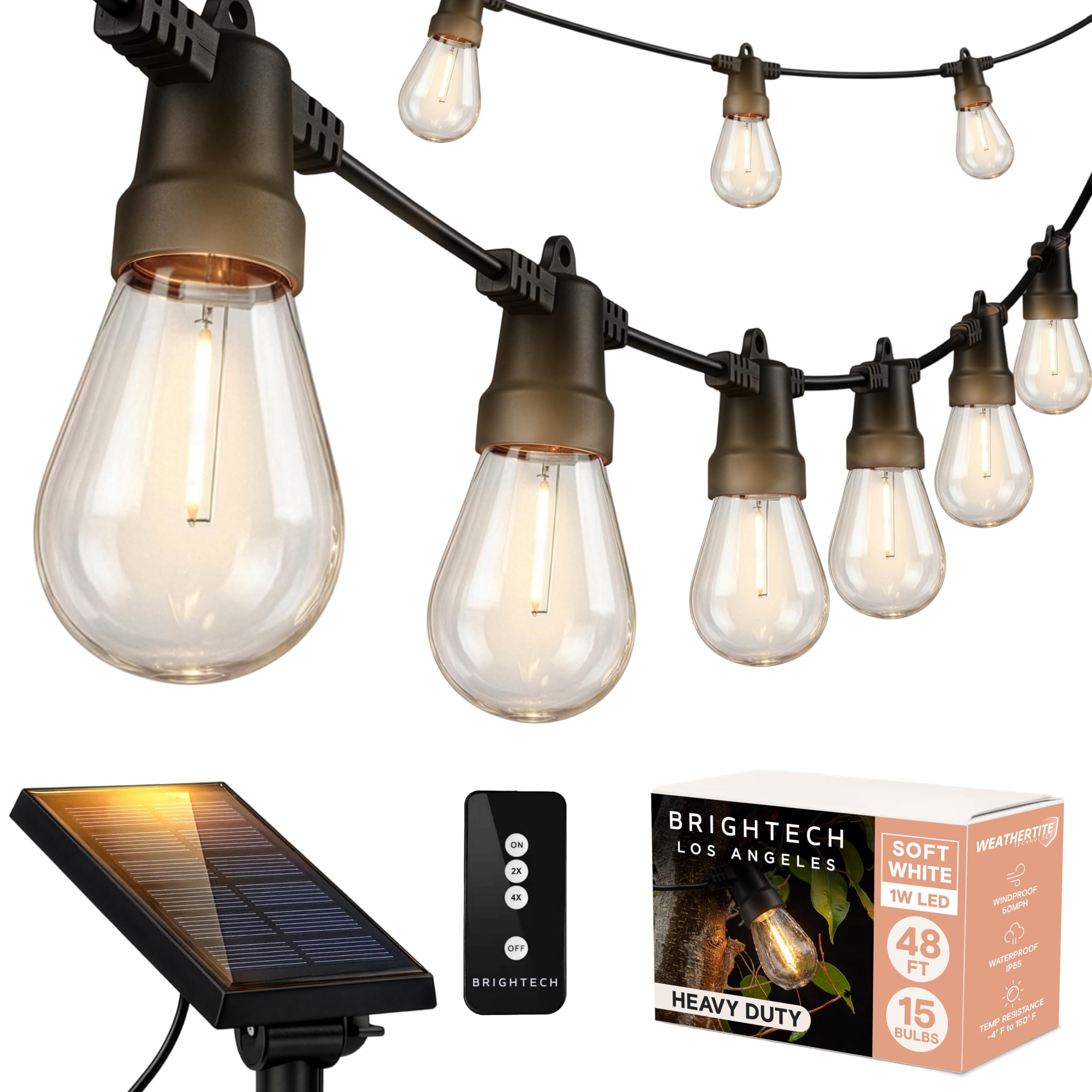 Brightech Ambience Pro Solar Powered Outdoor String Lights, 48ft